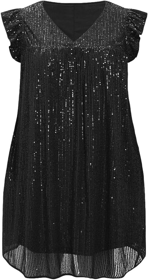 Beautife Women's Sequin Plus Size Mini Dress Ruffle Short Sleeve V Neck Babydoll A Line Glitter Club Party Dresses