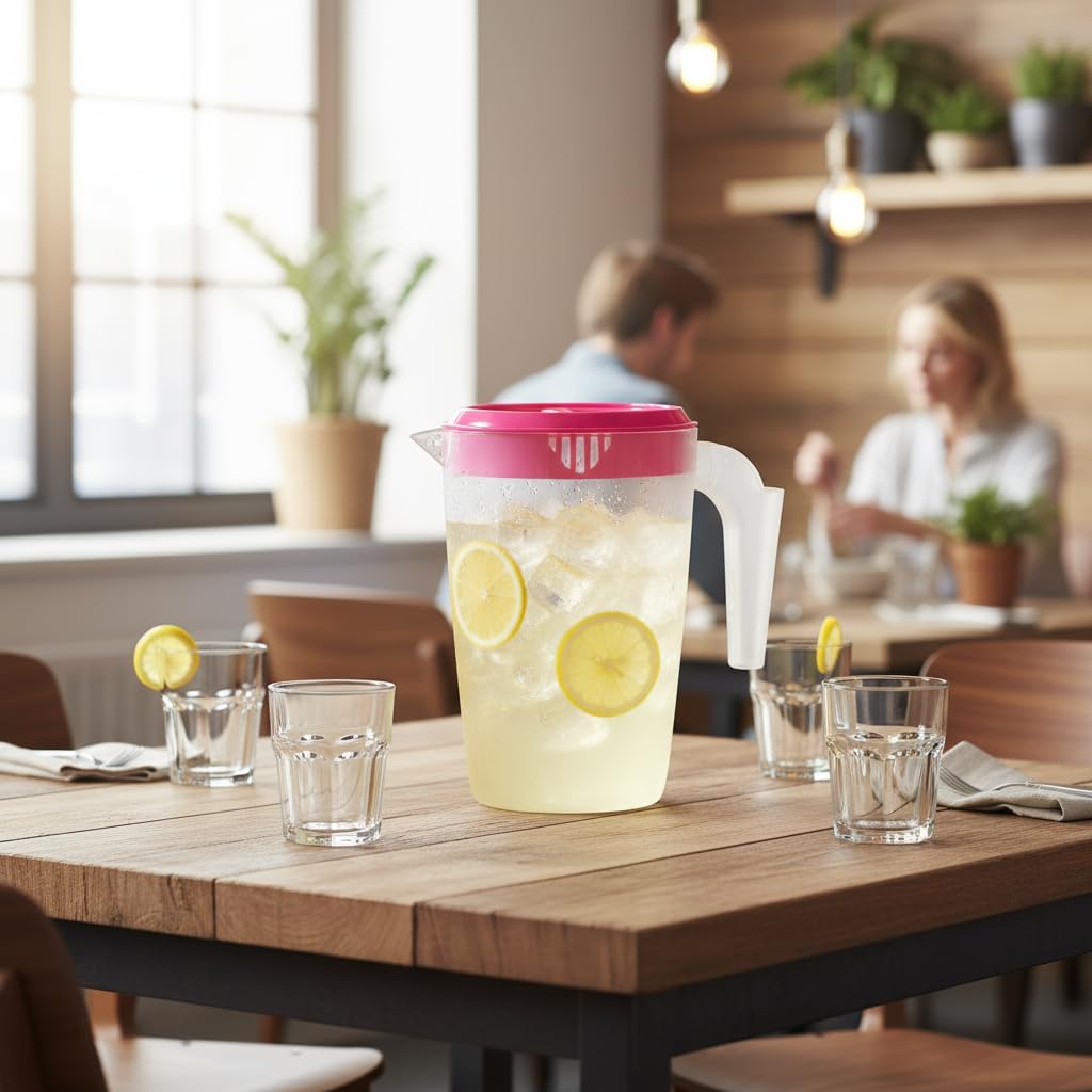 1-Liter Plastic Water Pitcher with Lid, Small Round Beverage Carafe for Fridge, Shatterproof Juice Jug with Handle for Restaurant, Home and Party, Clear/Pink