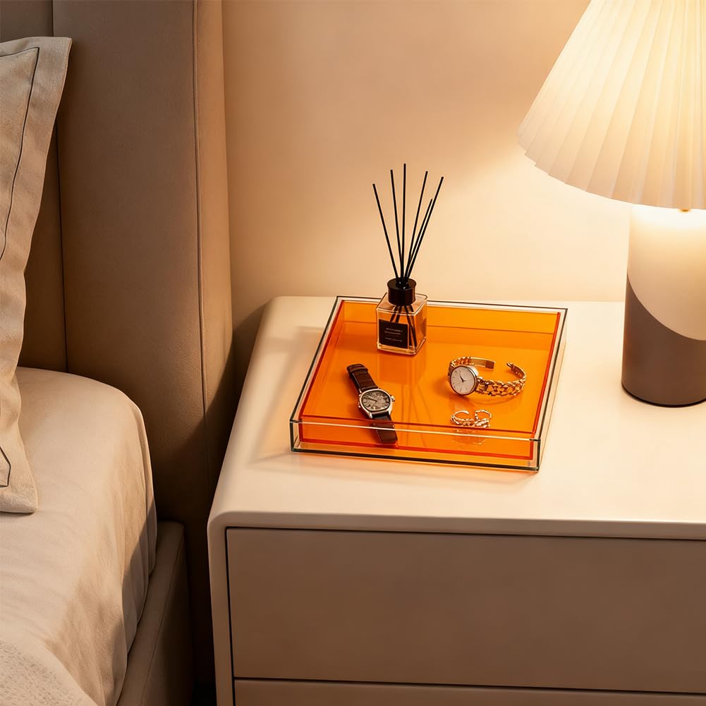 Vassoio creativo in acrilico moderno vassoio decorativo per gioielli, profumo, trucco, organizer quadrato trasparente per bagno, vanità, servire, tavolino da caffè, soggiorno (arancione)