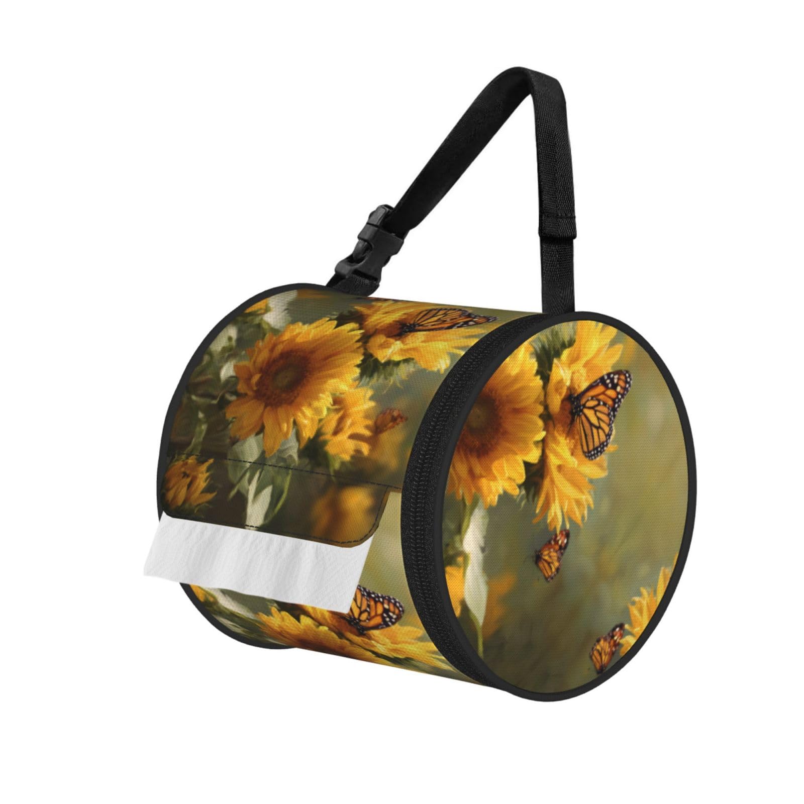 Sunflowers And Beautiful Butterfly Printed Cylindrical Tissue Bag Portable Oxford Cloth, Foldable Travel Tissue Holder With Zipper And Adjustable Belt