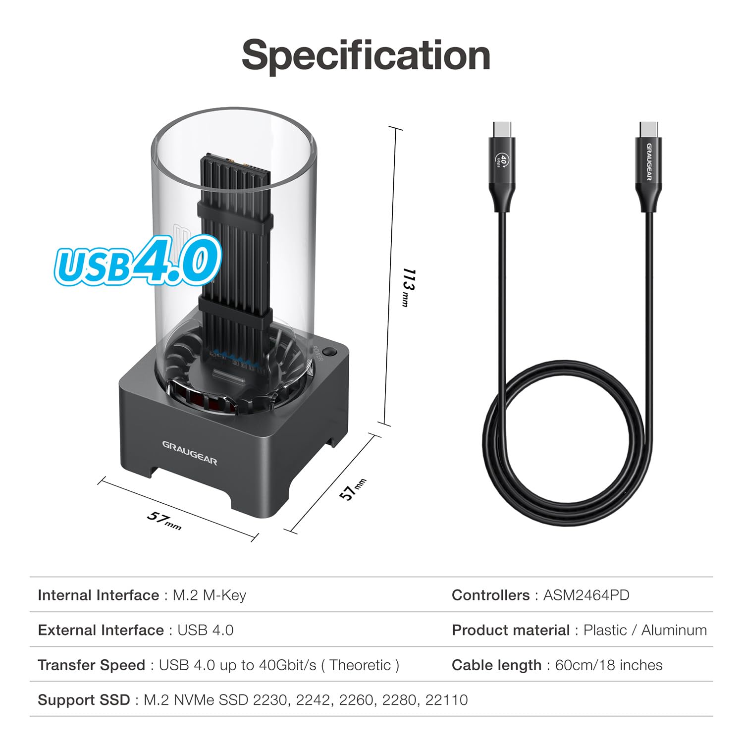 GRAUGEAR 40 Gbps M.2 NVMe stacja dokująca SSD, zewnętrzna stacja dokująca USB 4 z wentylatorem chłodzącym, obsługa UASP, kompatybilna z Thunderbolt 4/3, układ ASM2464PD