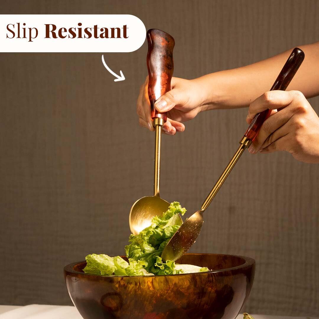 Folkulture Pinzas de ensalada de metal con resina para servir o servir cucharas, pinzas para servir pasta, frutas o ensaladas, tenedores de ensalada de acero inoxidable (marrón dorado, 12 x 3 pulgadas