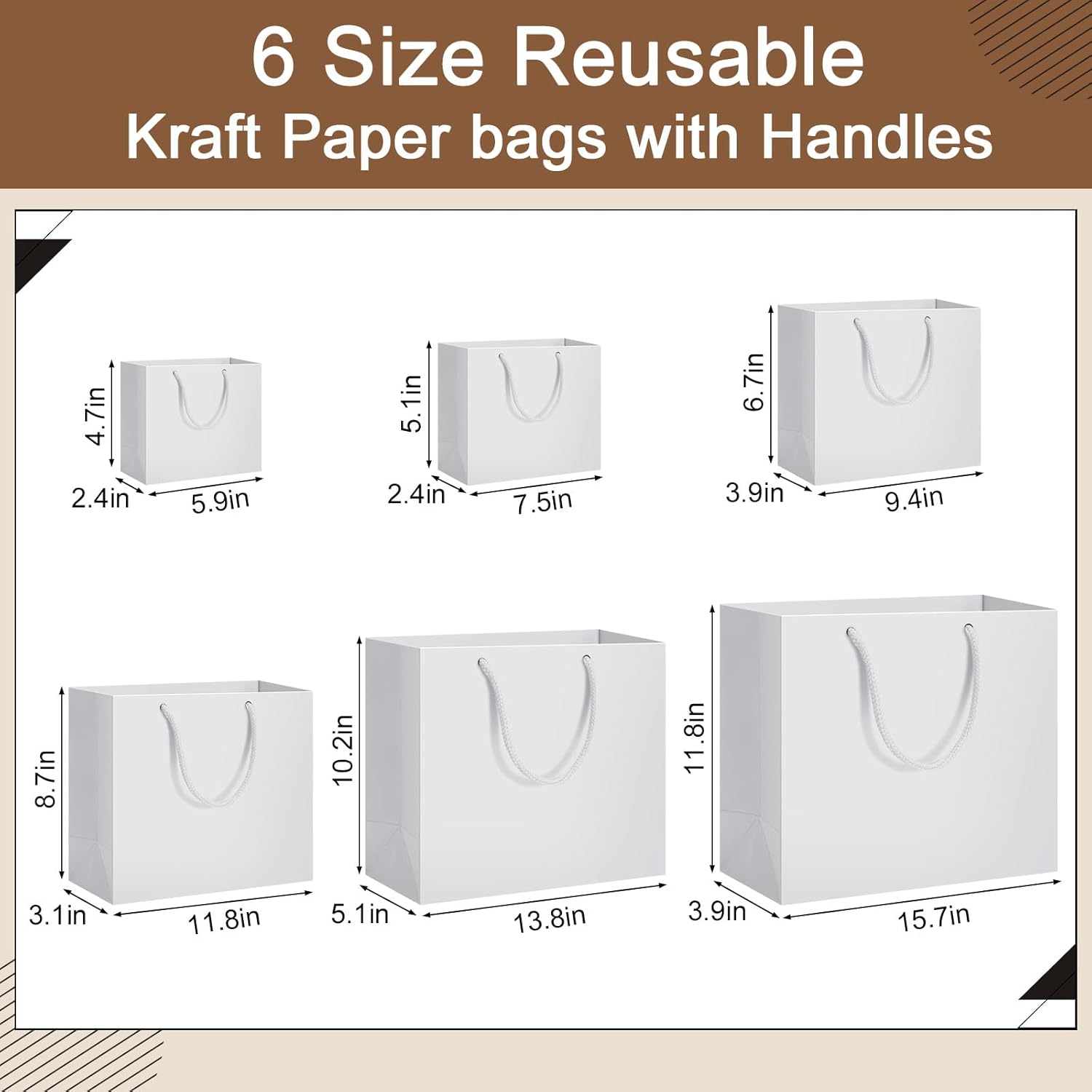 Zhehao 60 Pack Kraft Paper Gift Bags with Handles Bulk 5.9/7.5/9.4/11.8/13.8/15.7 Inch Assorted Size Christmas Gift Wrap Shopping Bags for Birthday Party Takeouts Merchandise Retail(White)