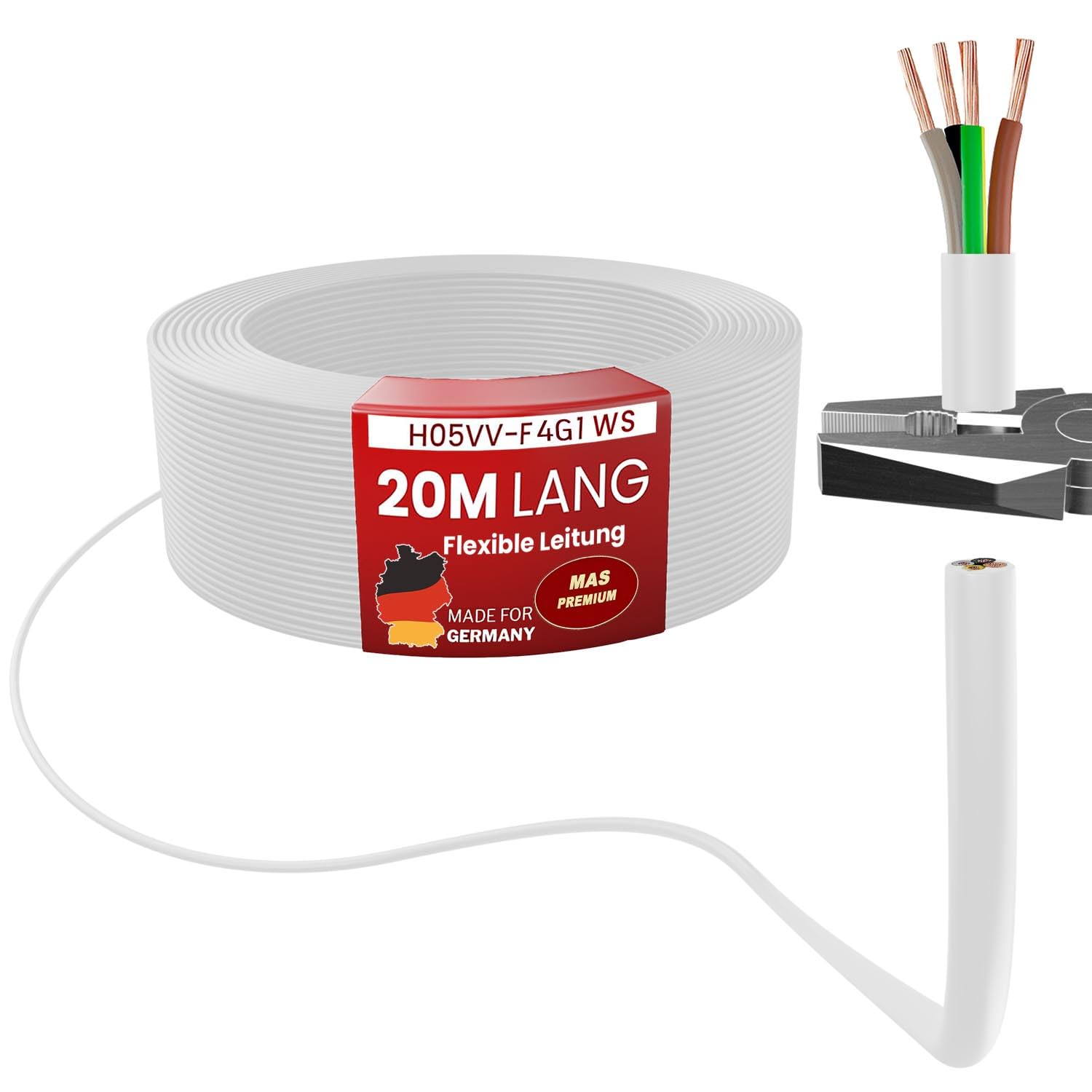 MAS Premium Manguera de plástico flexible de 5 a 100 m, H05VV-F 2, 3, 4 o 5 x 0,75; x1, x1,5 o x2,5, cable flexible para dispositivos (H05VV-F 4G1WS 20 m)