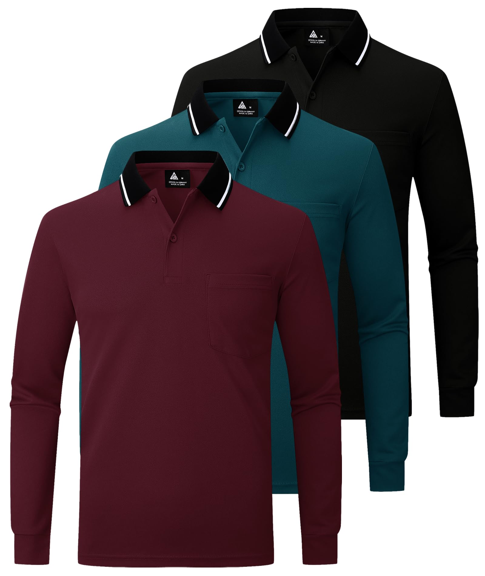 JACKETOWN Polo para Hombre Paquete de 3 Polo Manga Larga Camiseta de Golf Trabajo Transpirable Camiseta Informal con Bolsillo Primavera Otoño Tres Piezas T Shirt Senderismo