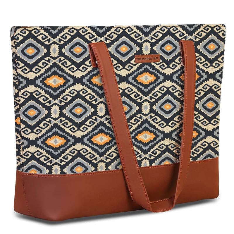 Image of The Purple Tree Handcrafted Women's Tote Bag with Vegan Leather Handles & Indian Prints, Shoulder Tote Bag and Handbag for Office and College (Pack of 1)