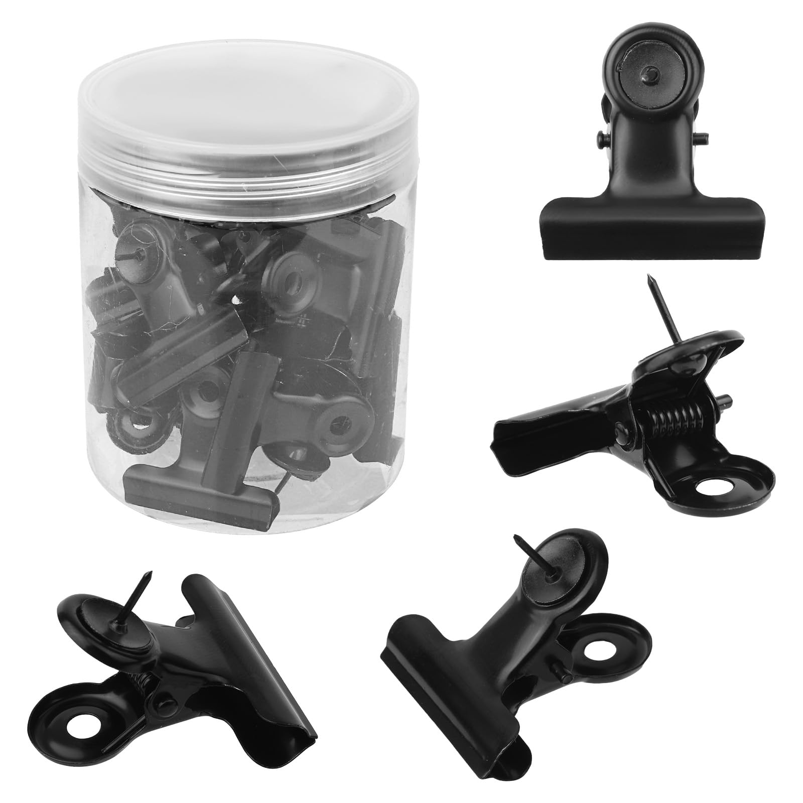 Gosknor 20pcs Push Pins Clips, Thumb Tacks Bulldog Clips with Pins Metal Pushpin Holder Bulletin Board Cork Board Accessories for Home Office Cubicle Wall Use (Black)