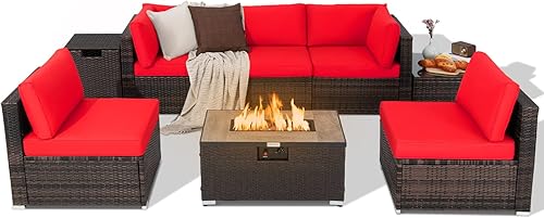 Miniatura 10 de Tangkula Juego de sofá de mimbre para exteriores juego de conversación de ratán para patio con mesa de propano de 32 pulgadas y soporte para tanque