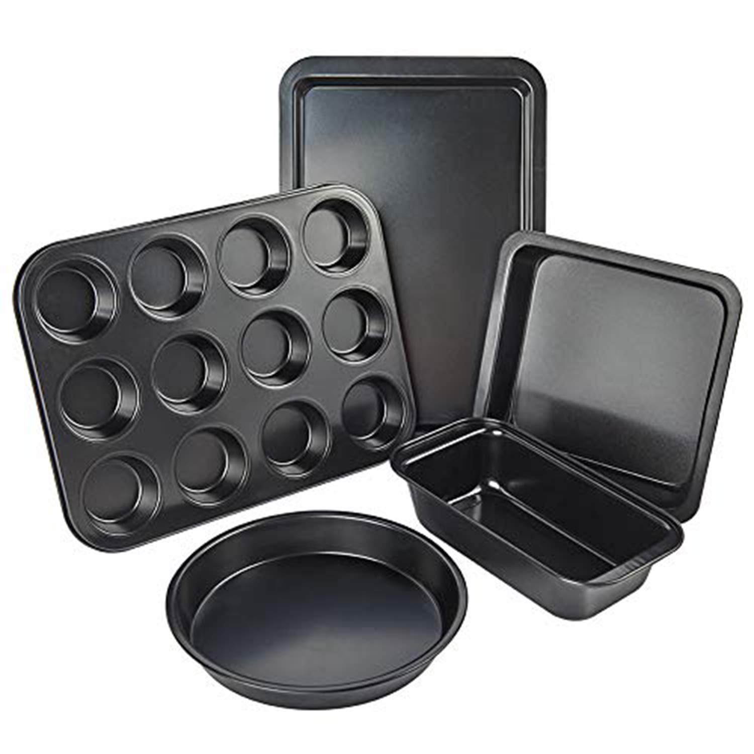 Baking Pans Nonstick Set, 5 Pcs Bakeware Cookie Set, Cookie Sheet, Loaf Pan, Square Pan, Round Cake Pan, 12 Cups Muffin Pan, BPA Free, for Breakfast Muffin Brownies, Bread, Apple Pie