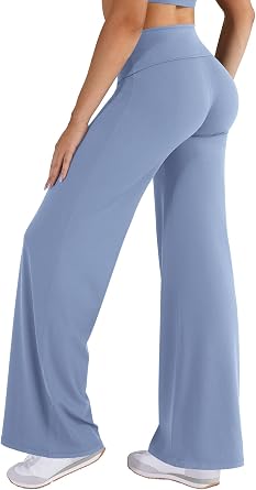 VOYJOY Fold Over Straight Leggings Womens Wide Leg Yoga Pants No Front Seam 31.5" Mid Low Waist Stretch Sweatpants