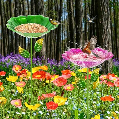 Image of 2 Pack Bird Bath for Outside, Outdoors Garden Decor Flower Birdbath | Colorful Metal Bird Bowl with Five Stakes for Hummingbird Baths & Bird Feeders, 31.3 inch H x 10.63 inch Dia (Red,Green)