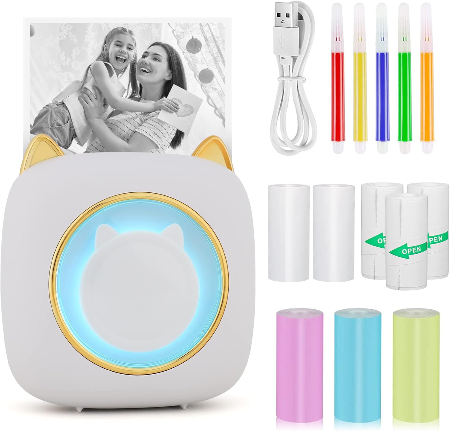 GuKKK Mini Printer, Mobile Photo Printer, Portable Mini Photo Printer with Seven Colours LED