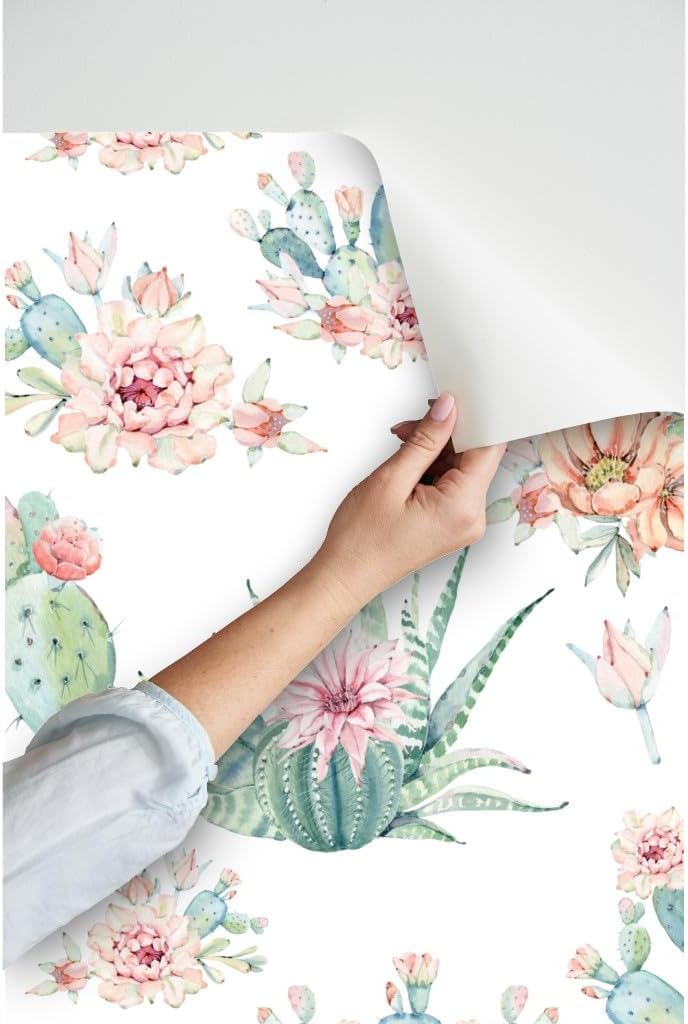 Spoonflower Peel & Stick Wallpaper 3ft x 2ft - Cacti Love Boho Cactus Watercolor Desert Southwestern Succulent Custom Removable Wallpaper