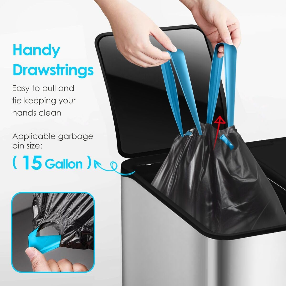 15 Gallon 120 Counts Strong Drawstring Trash Bags Garbage Bags by Teivio, Bathroom Trash Can Bin Liners, Plastic Bags for home office kitchen, Black