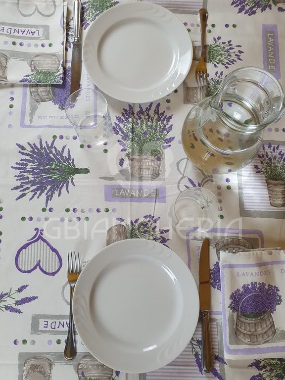 GBiancheria Tovaglia da tavola Stampata in 100% Cotone con TOVAGLIOLI Dis. LAVANDA Adatta per l'uso quotidiano Prodotto Ideato, Tessuto e Confezionato in Italia (Per 6 Persone 140x180cm)