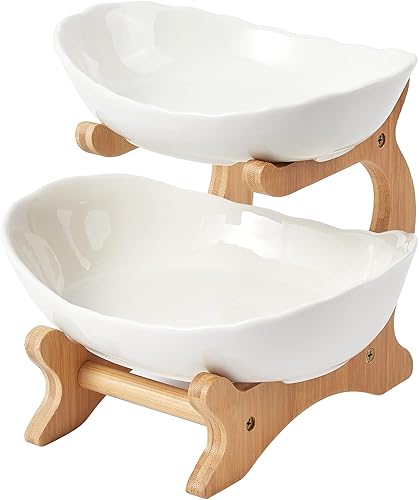 Goyappin Frutero de cerámica de 2 niveles con soporte de madera de bambú soporte para cesta de frutas de cocina blanco juego de bandeja para servir