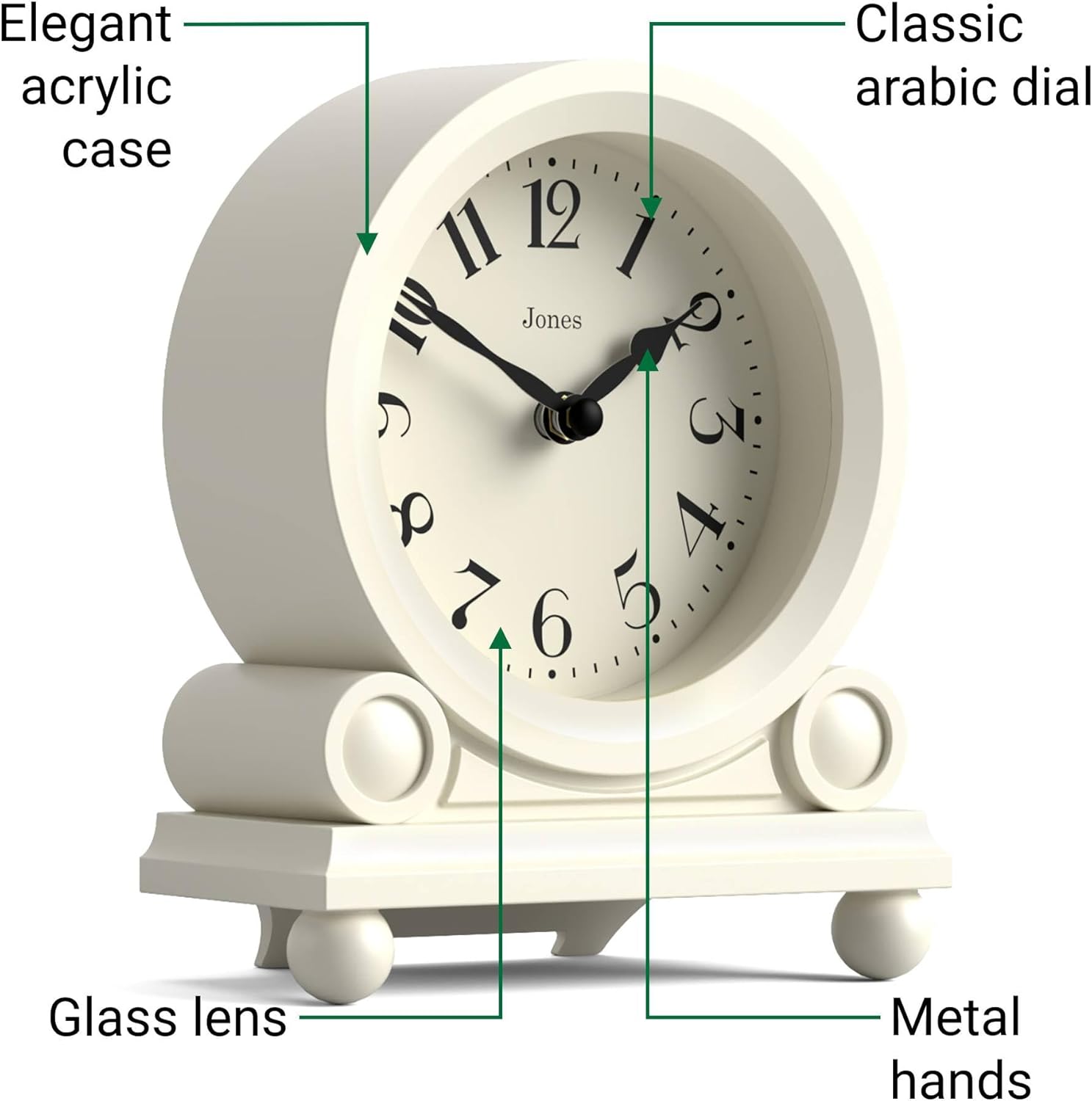 JONES CLOCKS® Maida Vale Mantel Clock | Small Traditional Desk Clock | Pale Cream | Pretty & Charming Ideal for Mantelpiece, Bookshelf or Bedside