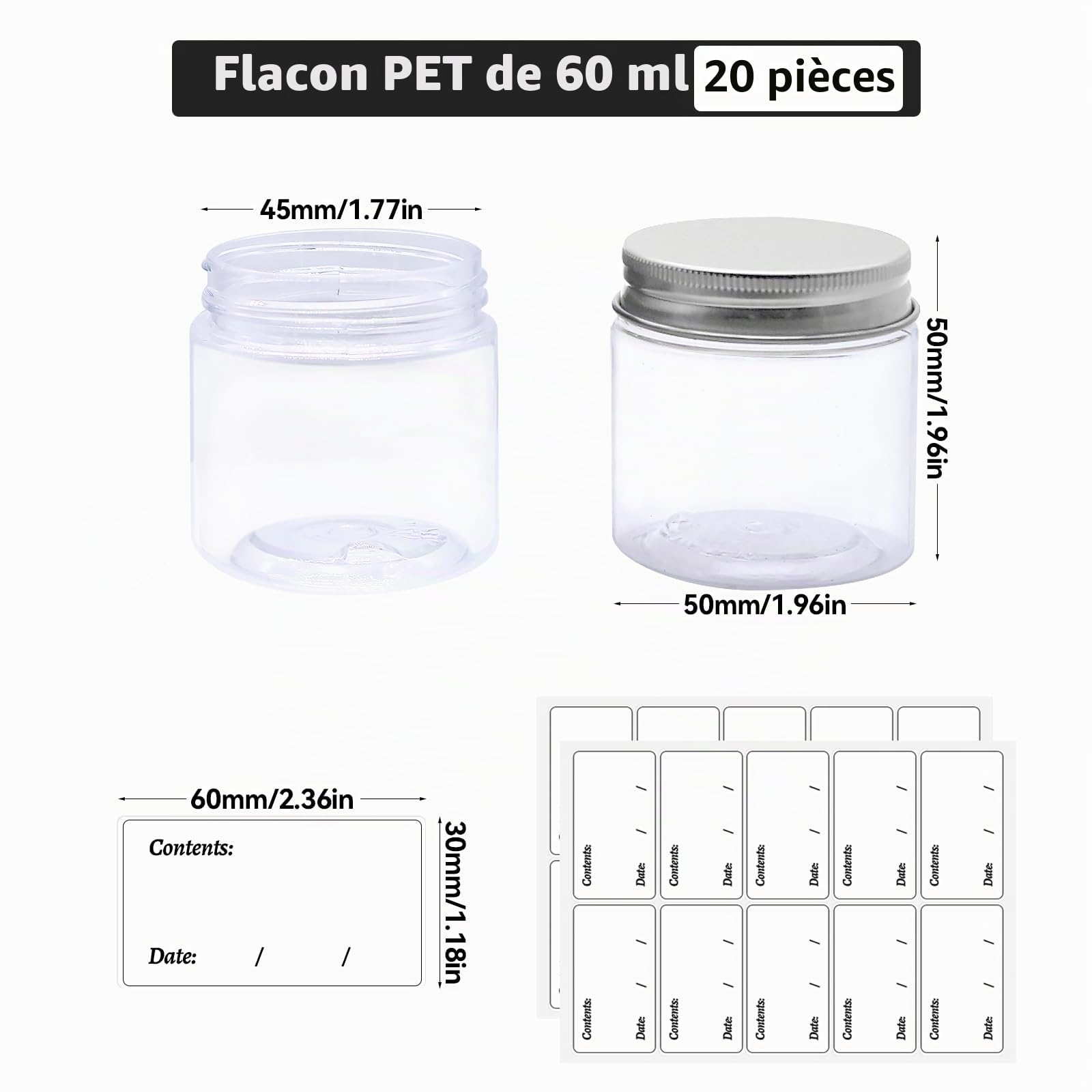 20 Pièces Pots Cosmétiques en Plastique, 60 ml Pots de Crème à Remplir avec Couvercle et étiquettes, Contenants Cosmétiques Vides pour échantillons, Cosmétiques, Nail Art