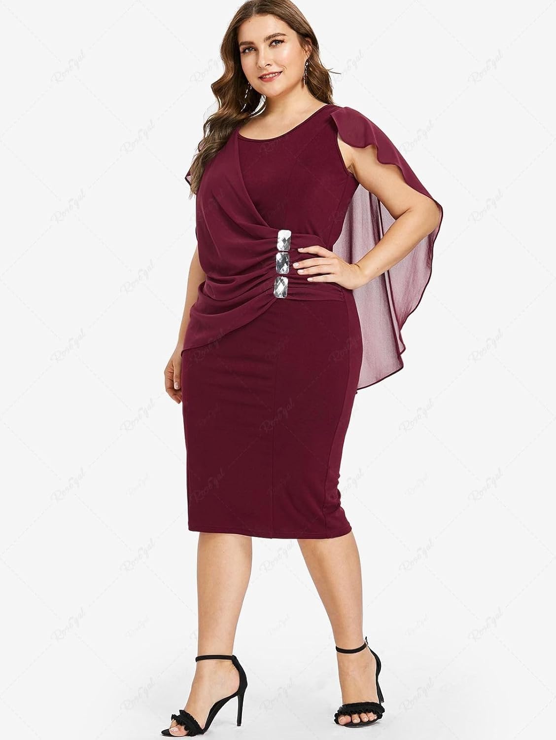 ROSE GAL Rosegal Plus Size Womens Chiffon Ruffle Bodycon Pencil Midi Sleeveless Cape Dress for Wedding Cocktail Party Work