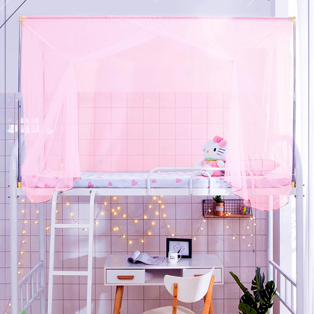 Cortinas de Cama de 8 Esquinas para Decoración de Cama de Niños y Niñas, Dosel de Cama para Dormitorio, Cama Loft, Cama de 1-1.8M o Camping al Aire Libre, 1M/Puerta Simple Pink