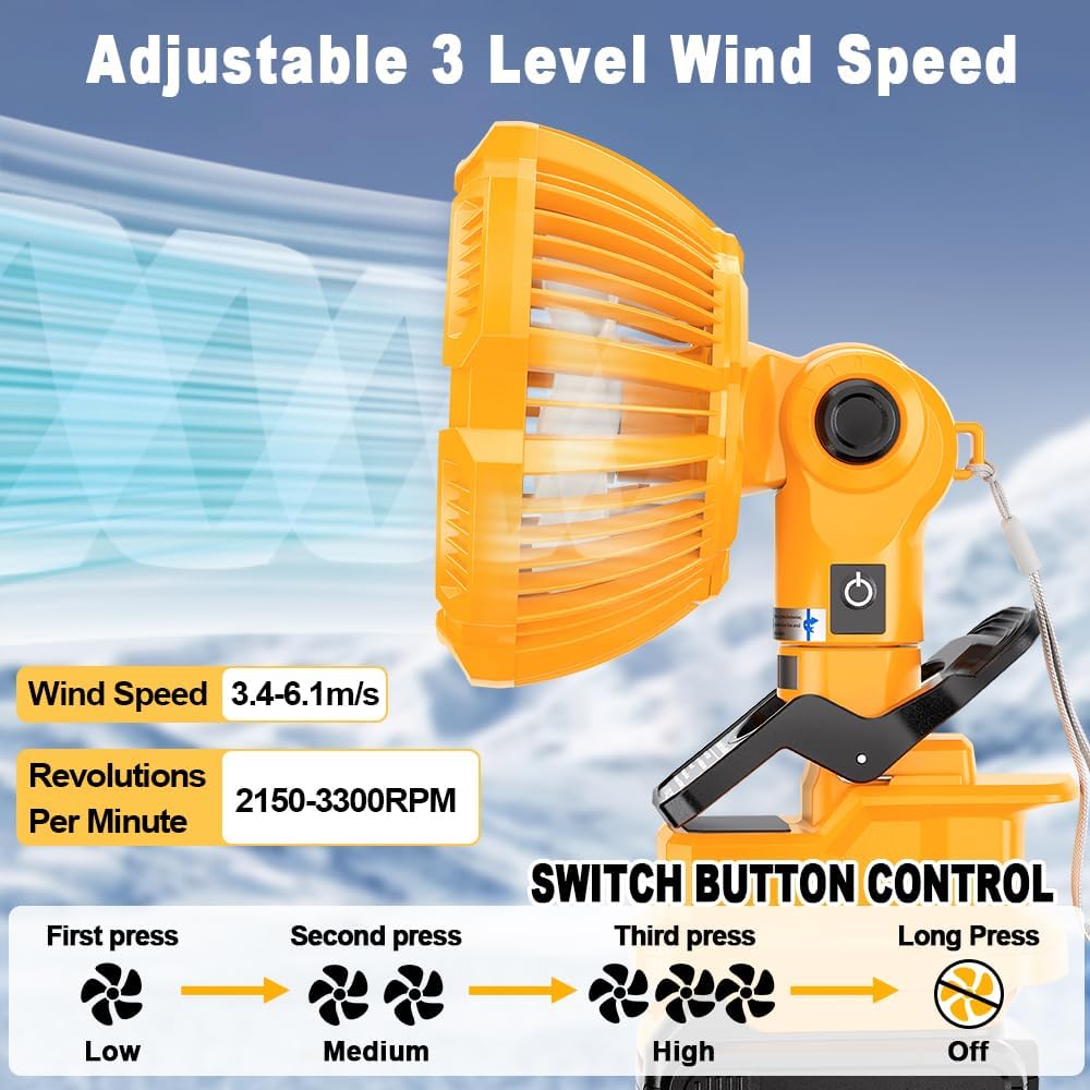 WaxPar Clip Fan Compatible with Dewalt 20V Battery, 3 in 1 Camping Fan Cordless Clamp with USB Port 3 Speed Settings, Clamping Capacity, Adjustable Head - Image 3