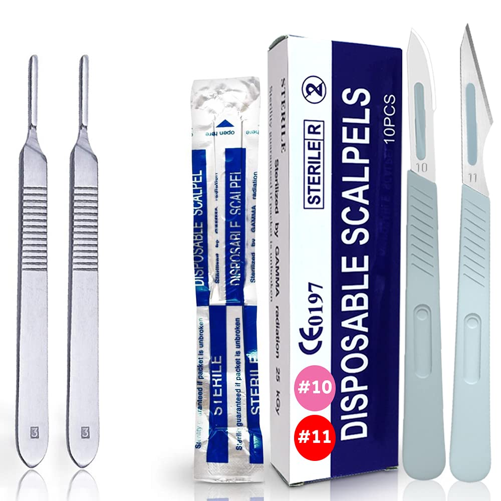 Pack of 2 Scalpel Handle 3 and Disposable Scalpel 10, Pack of 10 Disposable Dermaplaning