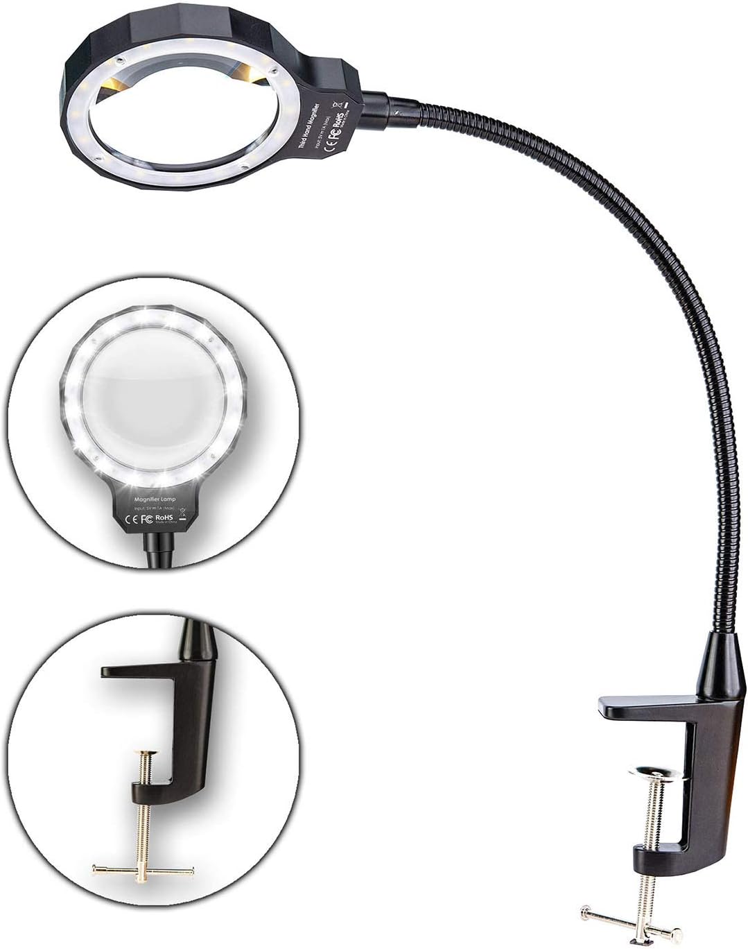 KOTTOLED Lighted Magnifying Glass with Built-in Clamp, Flexible Gooseneck Handle, and 300% Magnifying Power for Work Bench Table Task Craft Hobby Bright