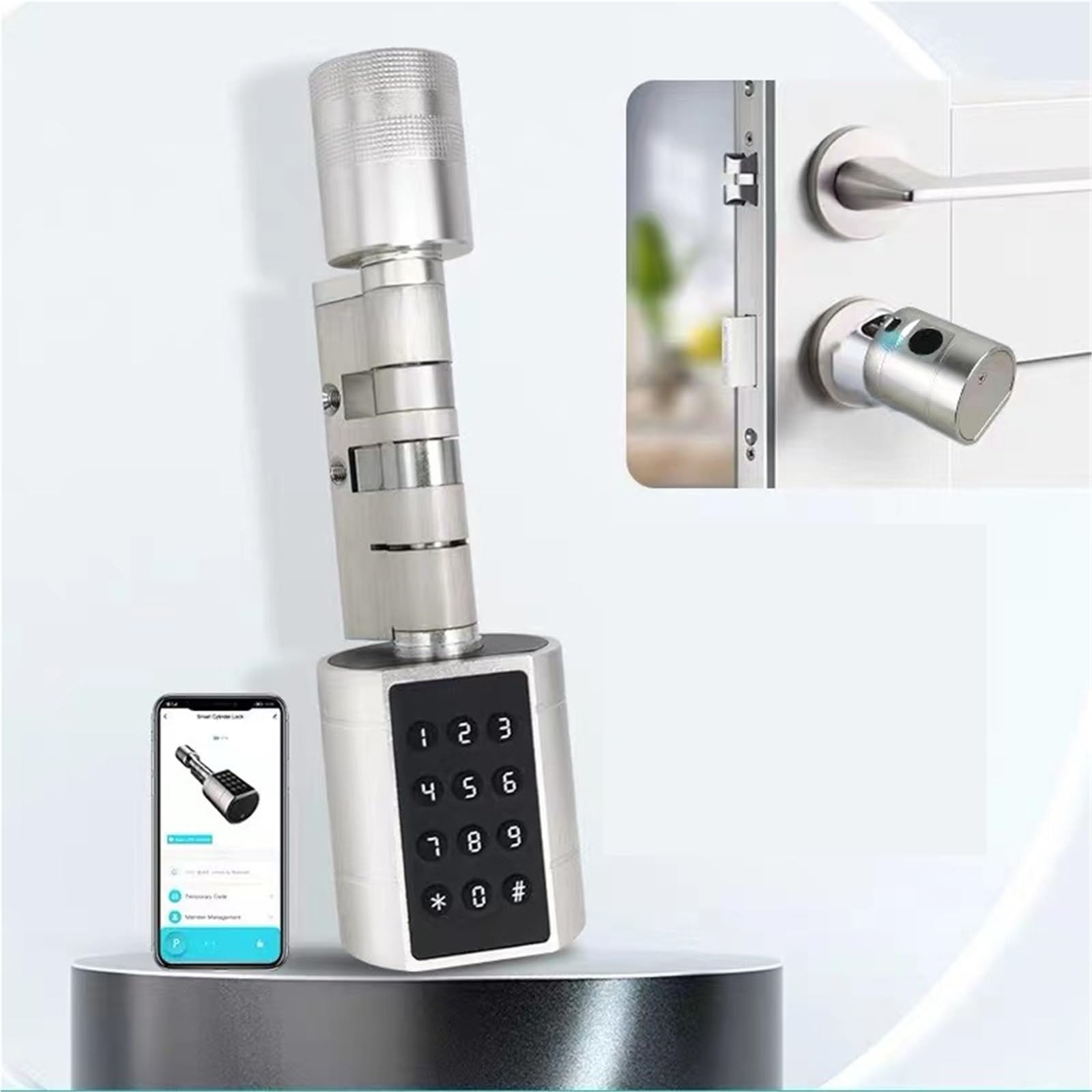 Cerradura Electronica, Cerradura de puerta inteligente electrónica con cilindro de huella dactilar, teclado Digital, código, tarjeta, Control remoto, ajustable, for casa y apartamento(Silver)