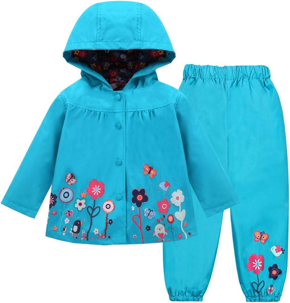 LZH Baby Girls Raincoat Suit Waterproof Hooded Jacket & Trousers 2 Piece Set Windproof Puddlesuit Rain Wear for 1-6Y