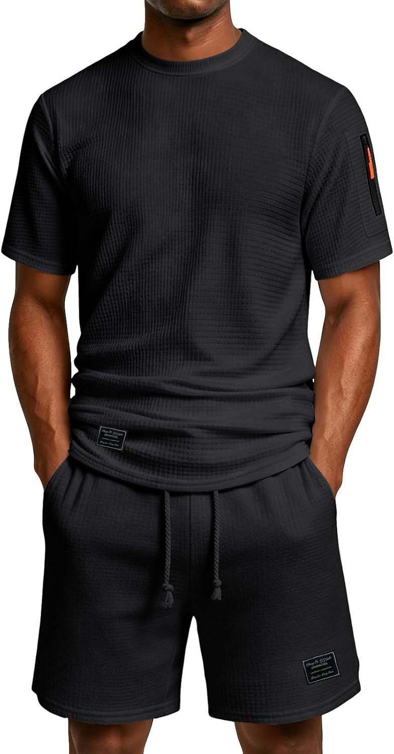 Mens 2 Piece Summer Outfit Set Casual Short Sleeve T-shirts Drawstring Shorts Loose Breathable Fit Vacation Wear