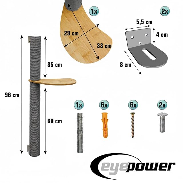 Foto 8 de 8 de eyepower 105 cm Rascador de Pared Luna con 1 Plataforma de Bambú - Árbol para Gatos con Estantería