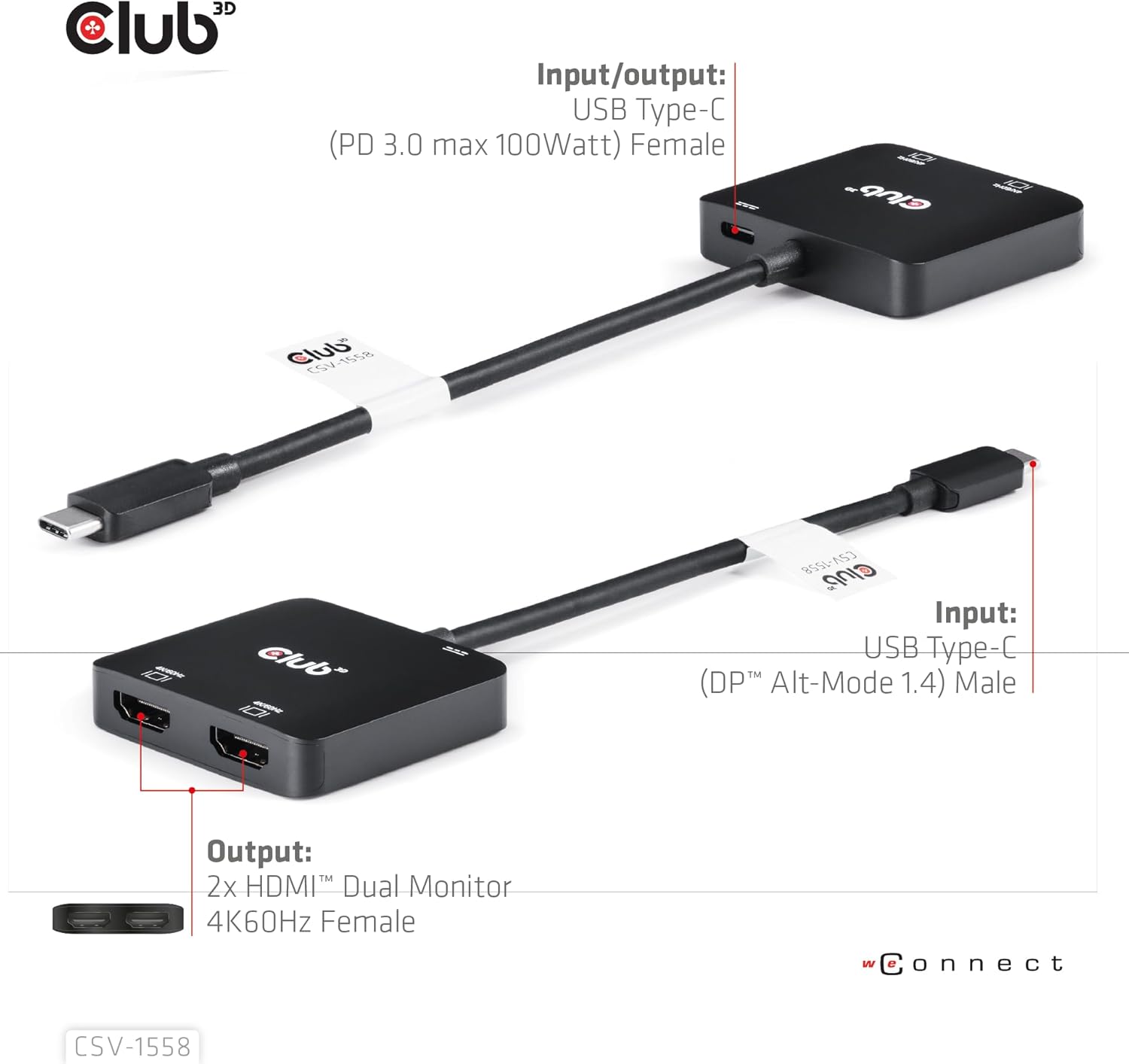 Club 3D CSV-1558 USB Type-C to Dual HDMI 4K60Hz Adapter with 100W PD Charging - DP1.4 Alt Mode, MST Support, Thunderbolt Compatible