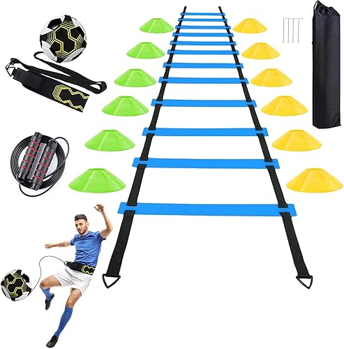 Juego de equipos de entrenamiento de agilidad de fútbol, accesorios de fútbol, escalera de agilidad de 20 pies, 12 conos, entrenador de fútbol solo,