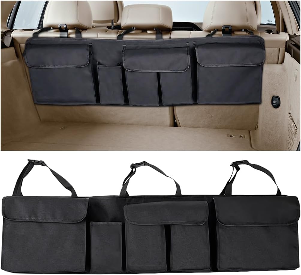 Car Trunk Organizer, Foldable Vehicle Backseat Hanging Organizer with 5 Large Compartments, Space Saving Waterproof Automotive Interior Seat Back Storage Bag, Universal Fit