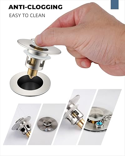 Miniatura 3 de Hibbent Paquete de 2 tapones universales de metal para lavabo de 1.1 a 2.3 pulgadas, colador de drenaje de fregadero emergente, tapón tipo empuje de