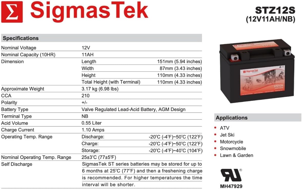 Extreme XTAZ12S Compatible SLA Motorcycle Battery by SigmasTek, STZ12S 210CCA