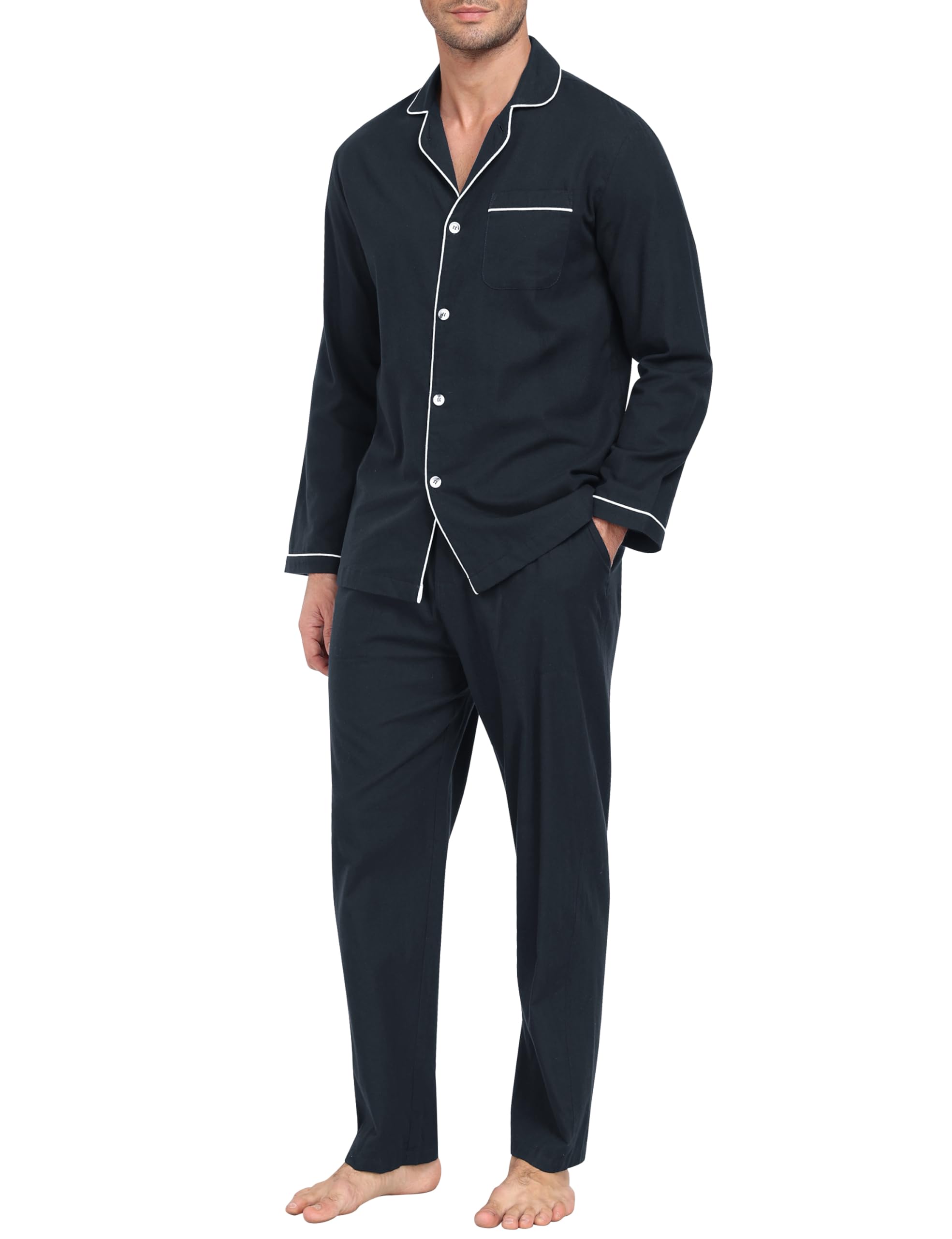 MoFiz Pijamas Hombre Largo Invierno Algodón Conjunto de Pijama con Botones Manga Larga Cuello en V Ropa de Dormir con Bolsillos Talla M- 4XL