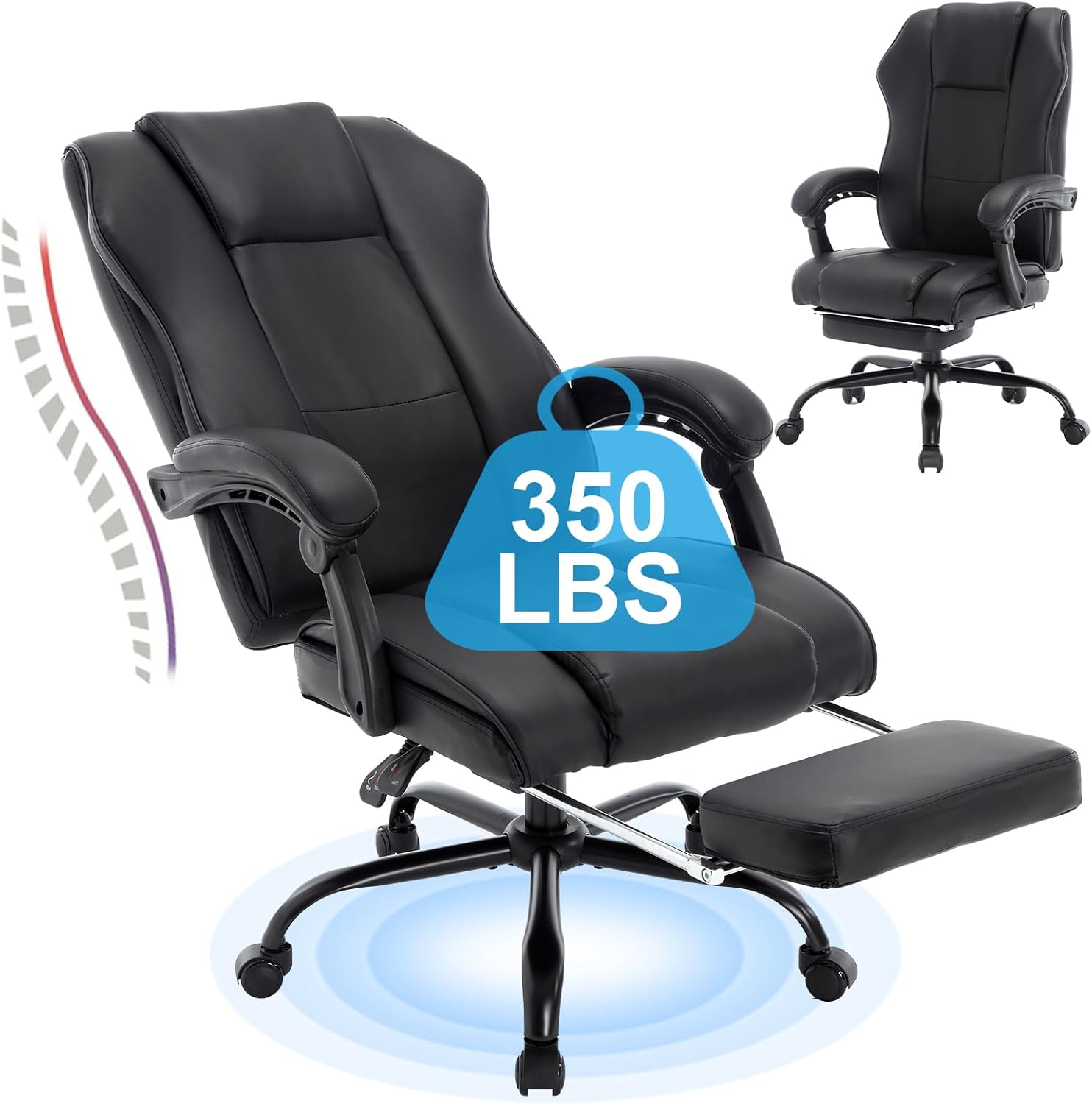 KCREAM Reclining Home Desk Office Chair with Footrest,Ergonomic Recliner Desk Chair with Weels,PU Leather Executive Chairs with Lumbar Support,High Back Computer Desk Chair,Black