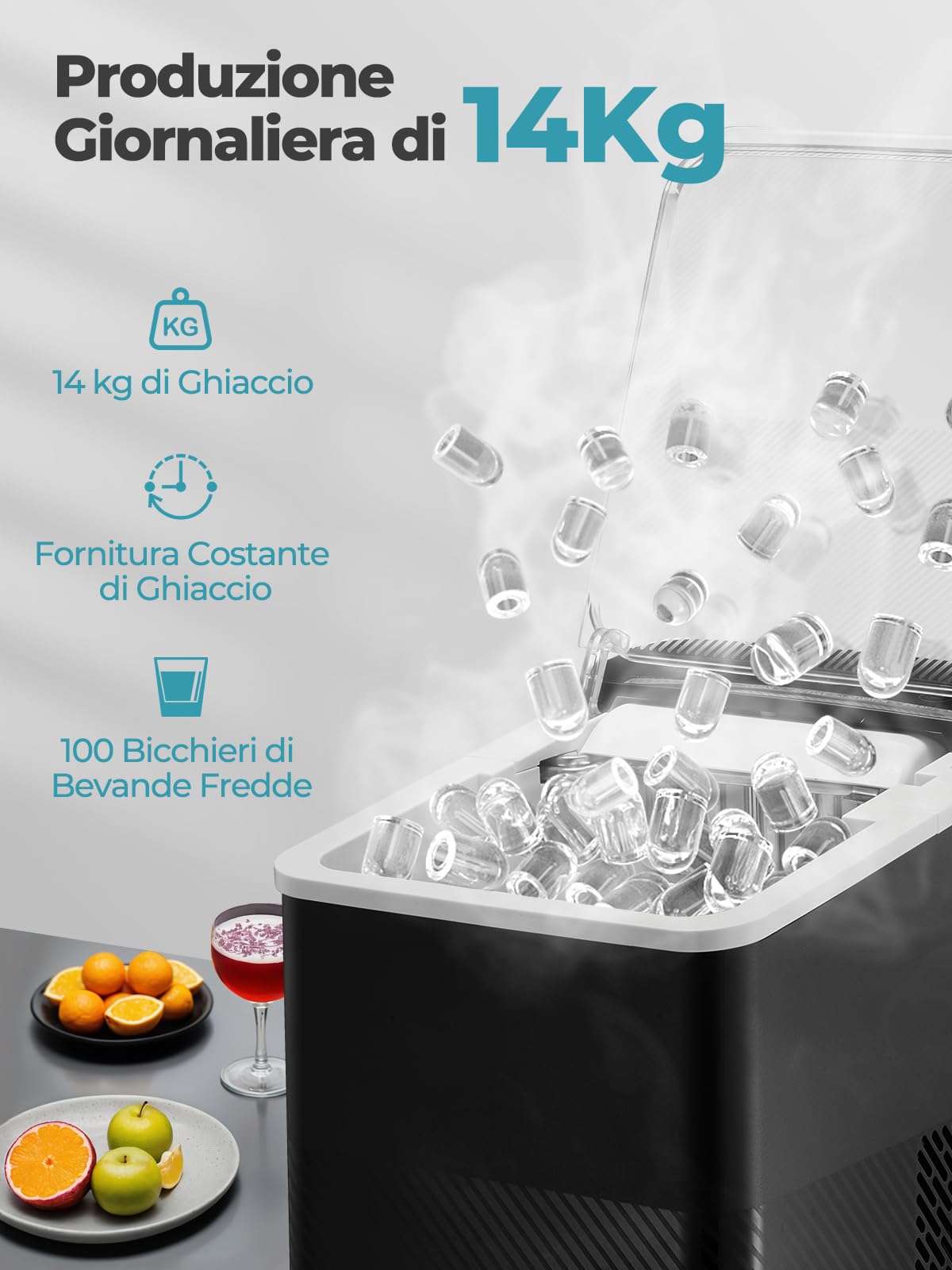 FOHERE Macchina Ghiaccio 14kg/24h, Autopulente, 2 Dimensioni,9 Cubetti in 6 Minuti, Ice Maker con Paletta/Cestello (Nero)