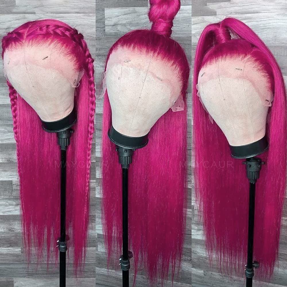 Maycaur Long Straight Hot Pink Lace Front Wigs Pre Plucked Hairline Glueless Hair Rose Red Synthetic Lace Front Wigs for Fashion Women Heat Resistant Fiber: #Rose Red