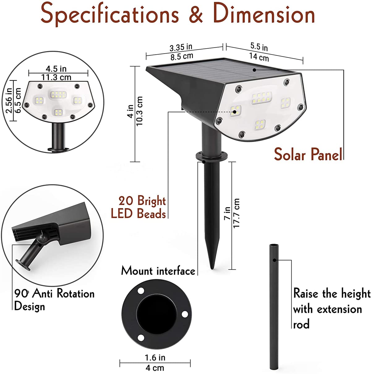 Projecteurs de Paysage solaires à LED étanches sans Fil alimentés à l'énergie Solaire Appliques extérieures 2 en 1 projecteurs d'aménagement paysager solaires pour allée de Jardin de Cour