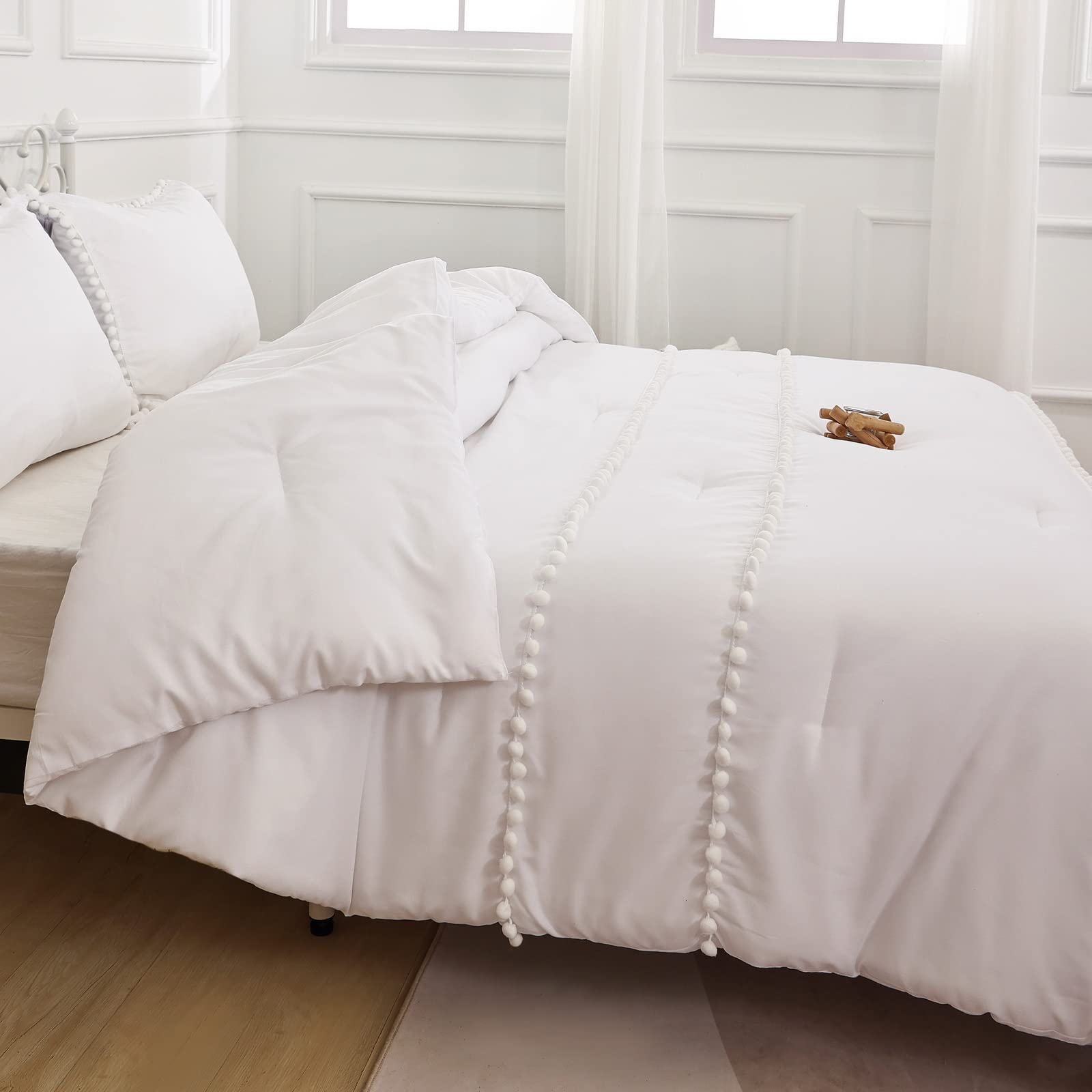 YIRDDEO Set copripiumino per letto queen size, con frange con pompon e frange, morbida biancheria da letto per tutte le stagioni, 3 pezzi, 1 piumino (228,6 x 228,6 cm) e 2 federe