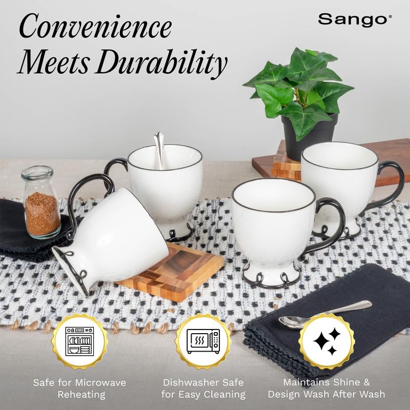 Image of SANGO Splash of Cheers Large Mugs Set of 4, 16 oz Stoneware Black and White Coffee Mugs, Ceramic Drinkware for Coffee or Tea, Durable Everyday Cups, Dishwasher & Microwave Safe, Scalloped Mug Set