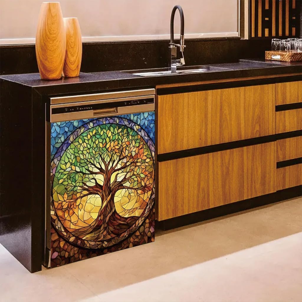 2D Flat Stained Glass Tree of Life Dishwasher Magnetic Cover 23x26 Inch Colorful ArtisticKitchen Appliance Magnet Decorative Panel for Home Office Decor