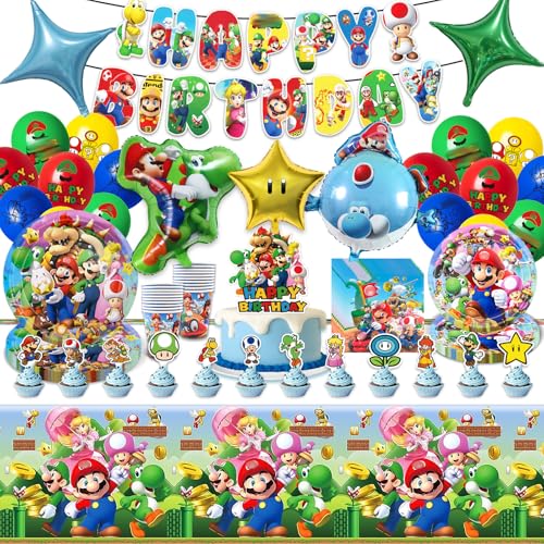 86PCS Super Bro Birthday Decorations, Birthday Party Tableware Set with Plates Cups Napkins Banner Cake Topper Tablecloth and Balloons, Party Supplies for Kids Boys Girls, 10 Guests