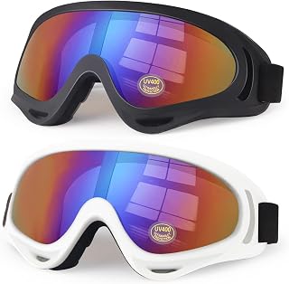Motorcycle Goggles Kids, 2 Pack Dirt Bike ATV Motocross Goggles Ski Goggles, Off Road Riding Goggles for Child, Anti-UV Dust Airsoft Glasses for Men Women Youth Adults (White+Black Frame/Color Lens)