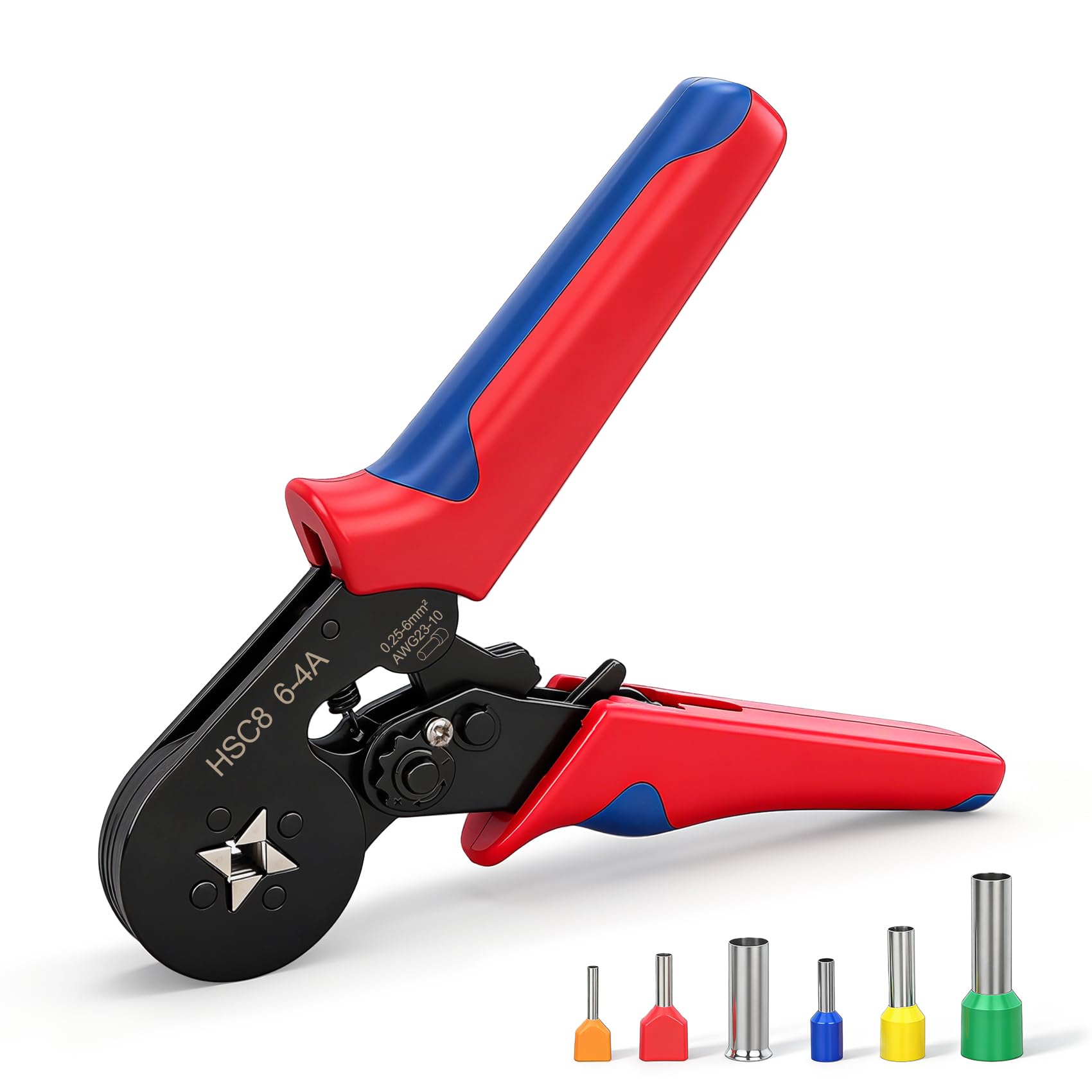 Baomain HSC8 6-4 Self-Adjustable Crimping Tool - Square 4-Sided Crimps - for 23-10 AWG Ferrules Wire Cable End Sleeves, red