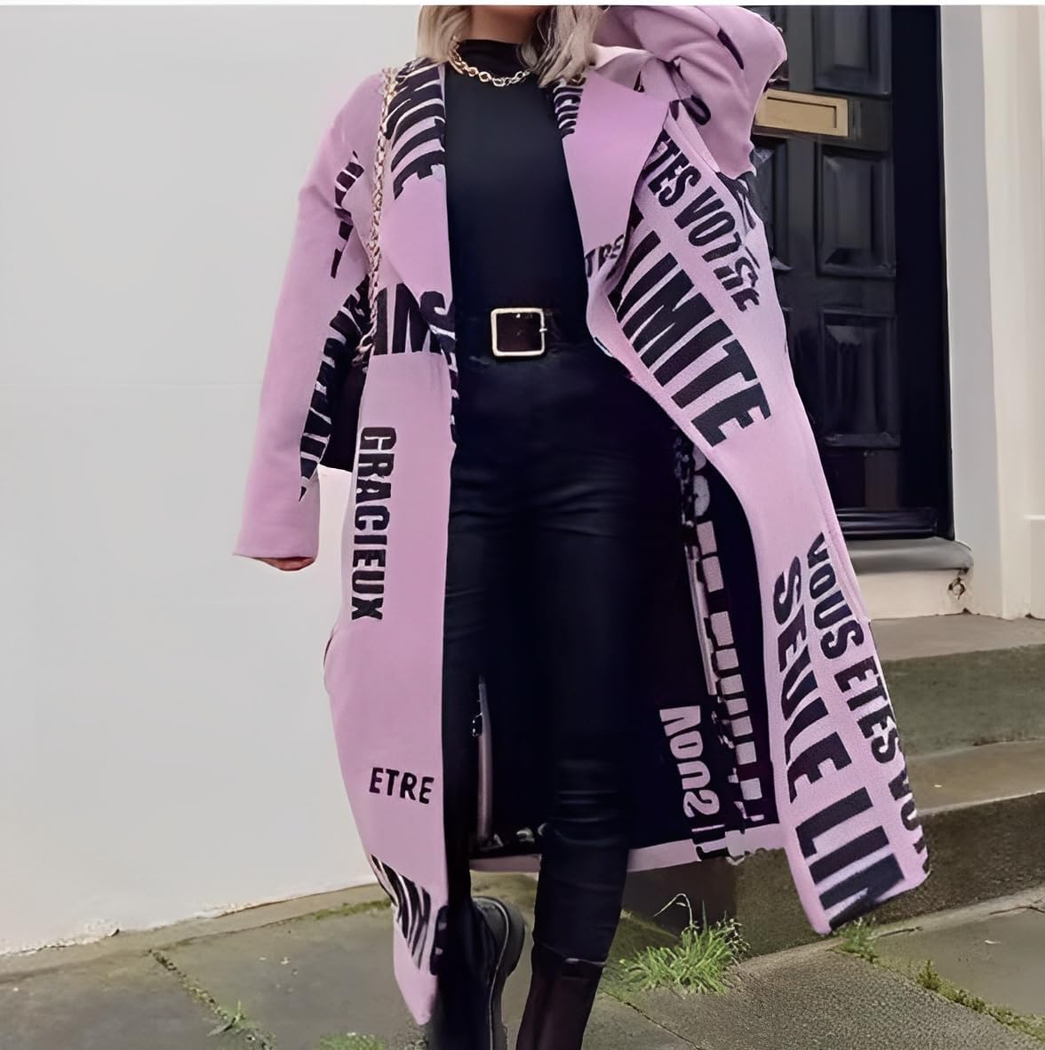 Women's Casual Floral Notched Lapel Button Down Long Woolen Coat Oversized Long Sleeve Jacket Outwear with 2 Pockets - Image 3