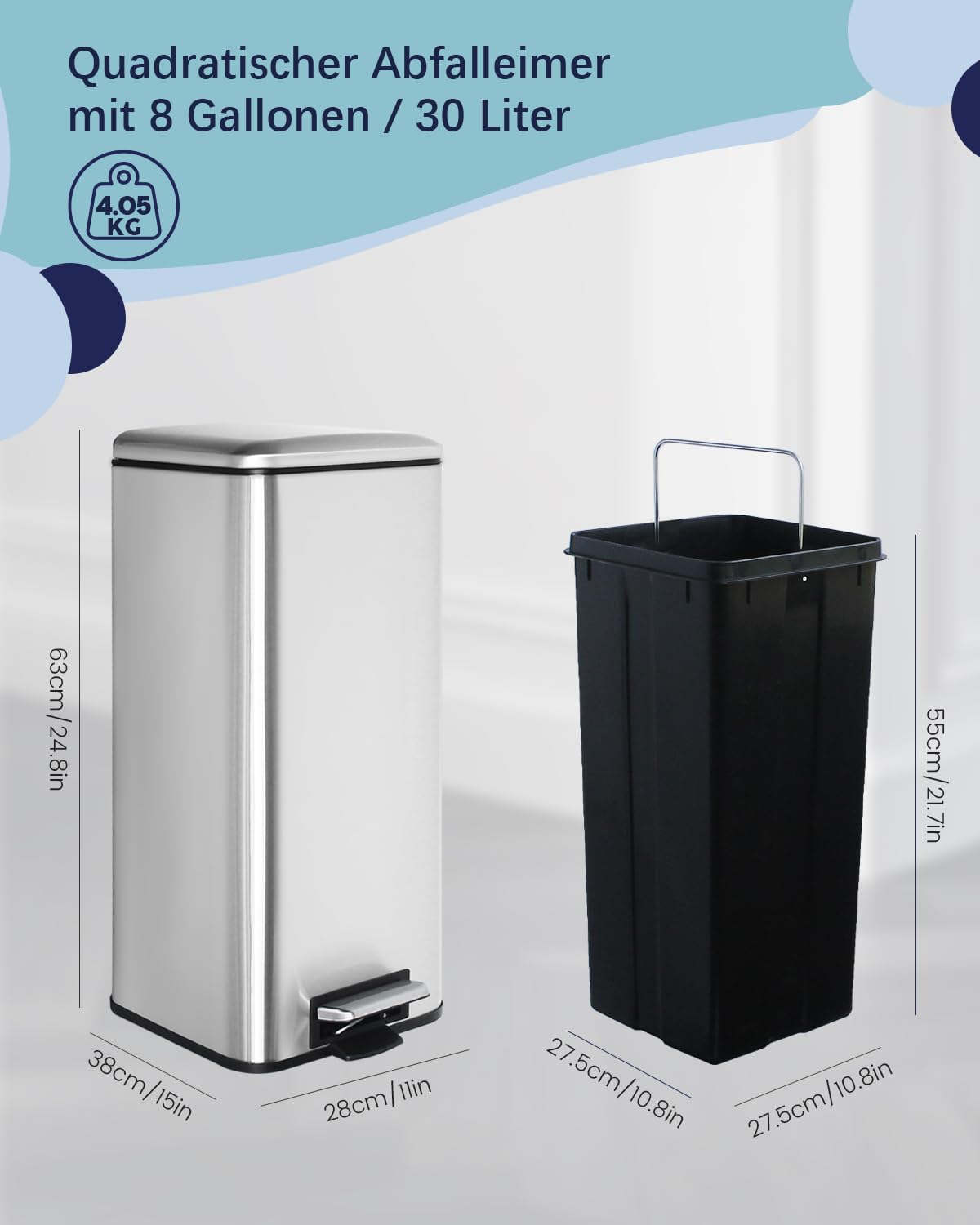 Mülleimer Küche, Schmaler Abfalleimer mit Deckel, Tretmülleimer | 30 Liter, Edelstahl Küchenmülleime mit Inneneimer, Küchenmülleimer mit Softclose-Deckel, Treteimer für Küche,Bad und Büro