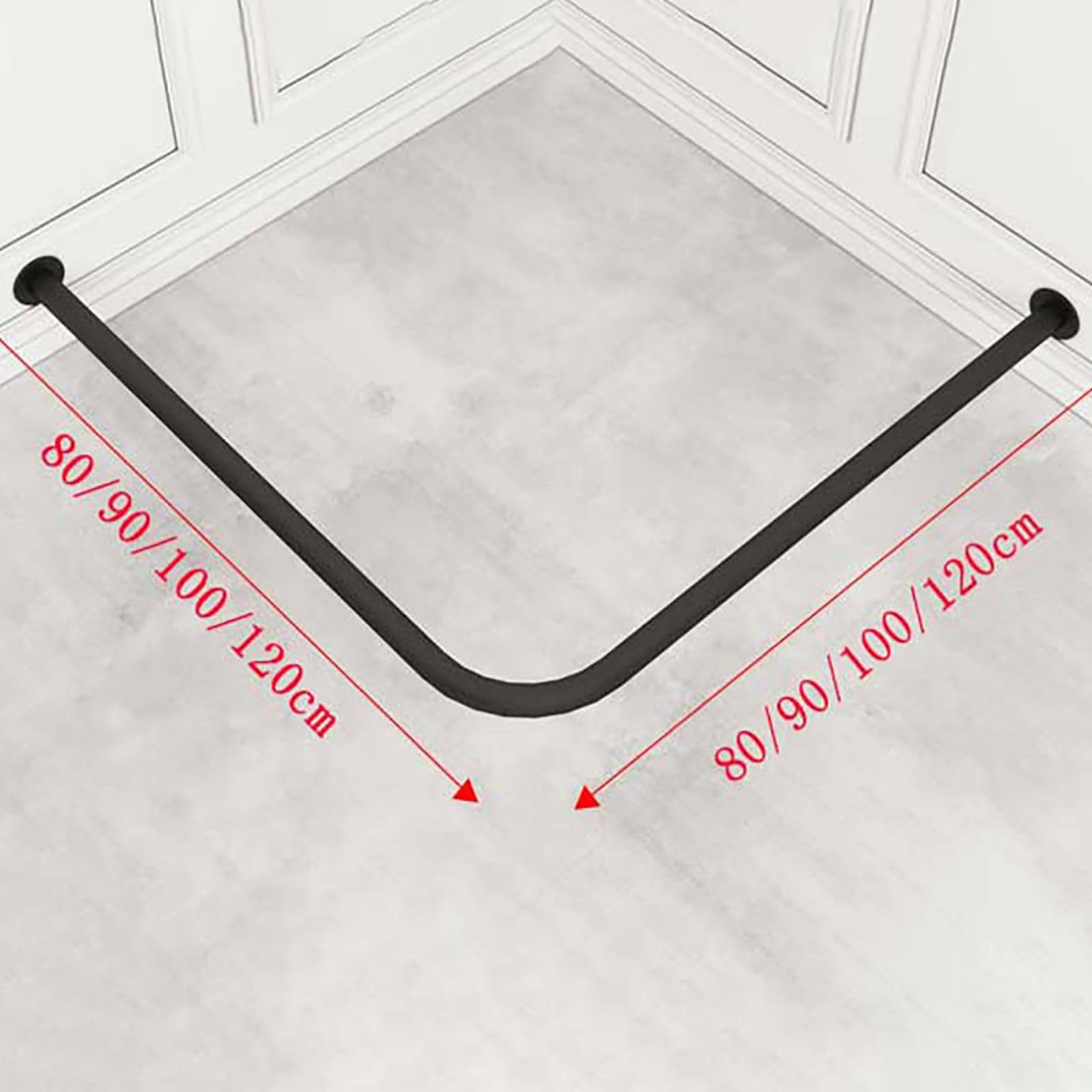 Barra de cortina de ducha de esquina negra de metal para vestidor, divisores montados en la pared para dormitorio y spa, 120 cm, diseño duradero y elegante